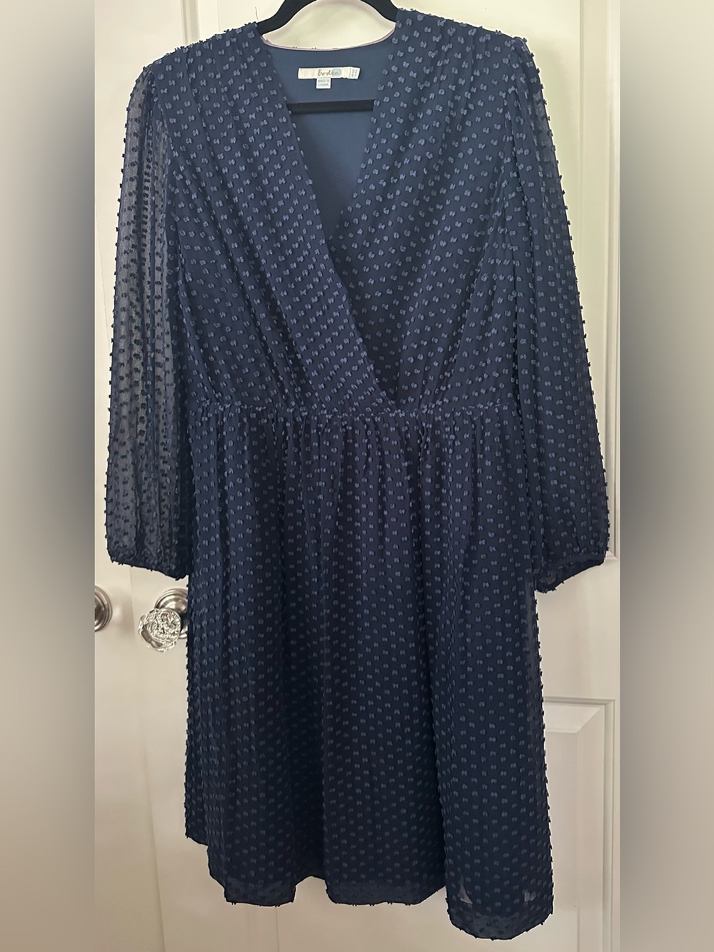 Boden WH923 Navy Silk Blend Clip Dot Faux Wrap Dress 10 Tall
